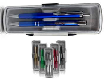 פרומו בוקס, סט פרסום מהודר של 2 עטים הכולל עט ג'ל מתכת ועט ג'ל פלסטיק מעוצבים בקופסת מתנה שקופה